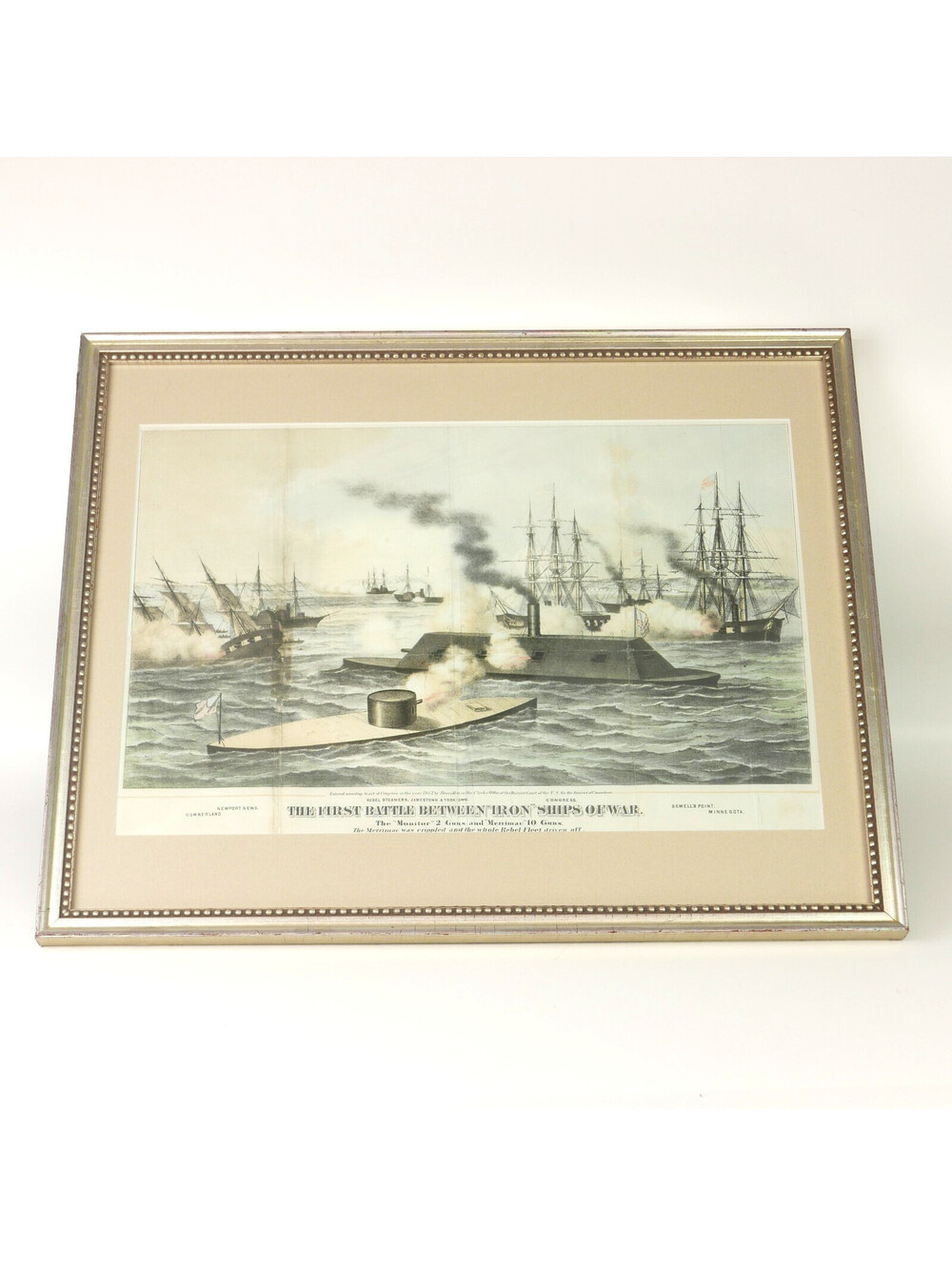 1862 Henry Bill Civil War Lithograph The First Battle Between Iron Ships Of War